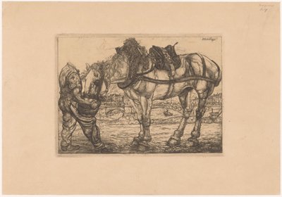 Uomo che nutre un cavallo da un secchio da Pieter Dupont