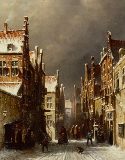Scena di strada invernale con bambini che lanciano palle di neve da Pieter Gerard Vertin