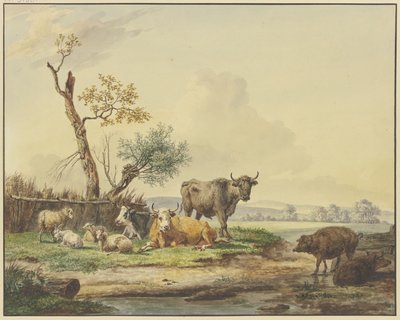 Bestiame al pascolo presso una recinzione, due maiali a destra da Pieter Gerardus van Os