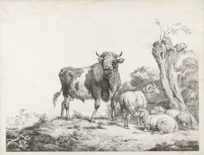 Un toro, un ariete e due pecore sdraiate vicino a un salice da Pieter Gerardus van Os