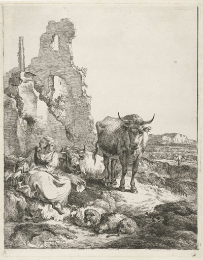 Paesaggio con mucca in piedi e sdraiata e pastorella davanti a una rovina da Pieter Gerardus van Os