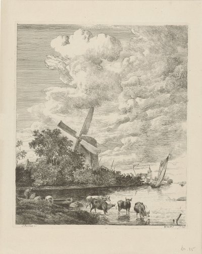 Veduta del fiume con mulino e mucche nell