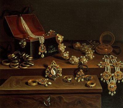 Scrigno di gioielli su un tavolo, principalmente di origine tedesca (1600-50) da Pieter Gerritsz. van Roestraten