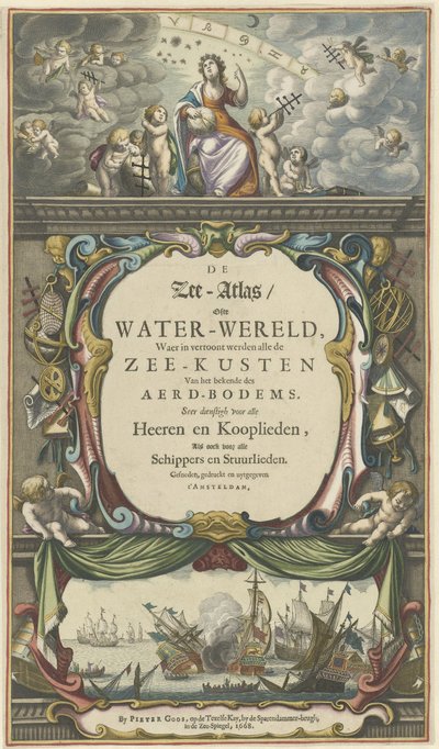 Pagina del titolo per Pieter Goos, De Zee-Atlas ofte Water-Wereld, 1668 da Pieter Goos
