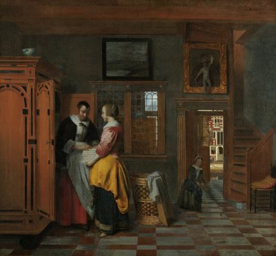 Interno con Donne accanto a un Baule di Lino da Pieter Hooch de