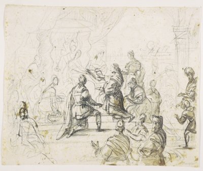 Figure inginocchiate davanti al re sul trono da Pieter Isaacsz
