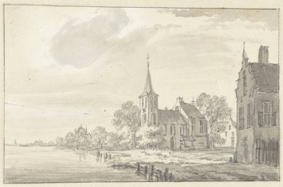 Chiesa del villaggio e case lungo un fiume da Pieter Jan van Liender