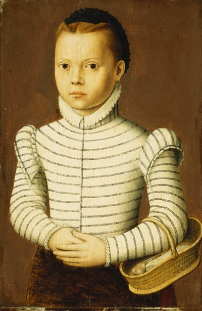 Ritratto di una Ragazza Giovane con un Costume Bianco e Nero che Tiene un Cestino da Pieter Jansz. Pourbus
