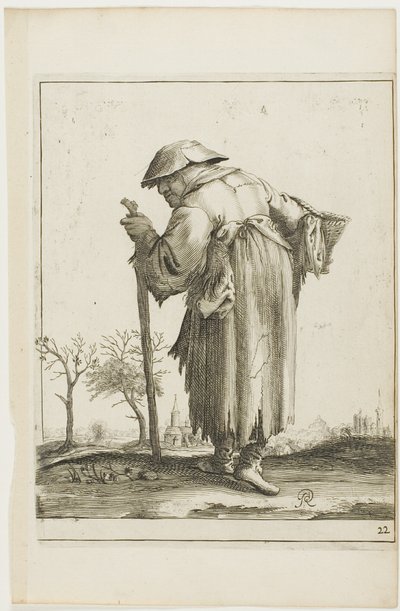 Donna mendicante in marcia con cesto, da T is al verwart-gaern (è già confuso) da Pieter Jansz. Quast