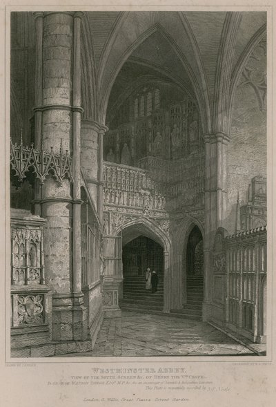 Vista dello schermo sud della Cappella di Enrico V, Abbazia di Westminster da Pieter Jansz. Quast