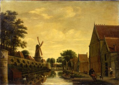 Un canale vicino a un muro di città con lavoratori che scaricano legname, c.1650 da Pieter Jansz. van Asch