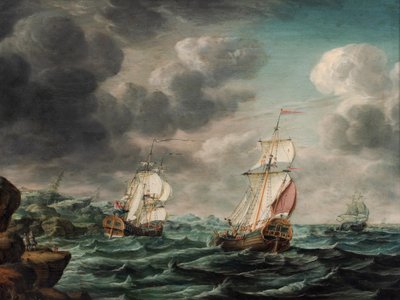 Un vascello da guerra olandese e navi mercantili vicino a un promontorio roccioso da Pieter Jochums Lofvers