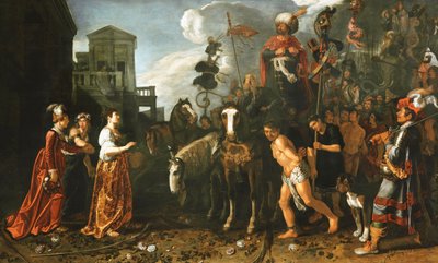 Iefte accolto a casa dalla figlia dopo la battaglia da Pieter Lastman