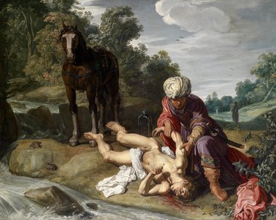 Il Buon Samaritano che cura le ferite del viandante (Luca 10:25-37) da Pieter Lastman
