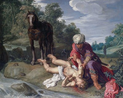 Il Buon Samaritano che cura le ferite del viandante (Luca 10:25-37) da Pieter Lastman