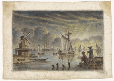 Veduta costiera con navi, mulino e un disegnatore da Pieter Louw (attributed to)