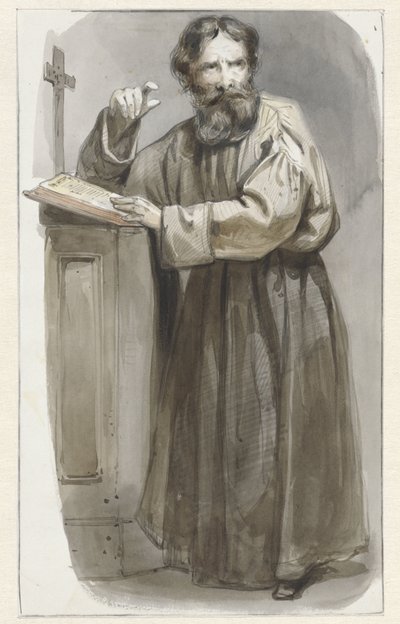 Ecclesiastico in piedi presso un pulpito con crocifisso e bibbia da Pieter Marinus van de Laar (attributed to)