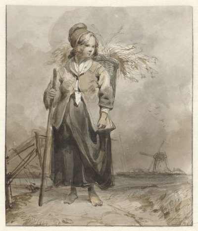 Donna in piedi con bastone e cesta sulla schiena da Pieter Marinus van de Laar (attributed to)