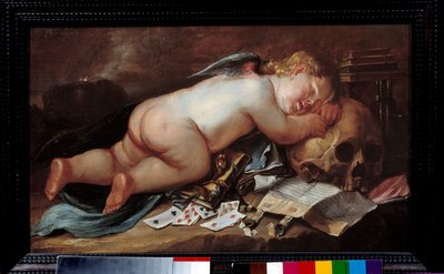 Amore dormiente su un teschio. Dipinto (Vanitas) di Pieter Moninckx (1606 - 1686) Ec. Flam. da Pieter Moninckx