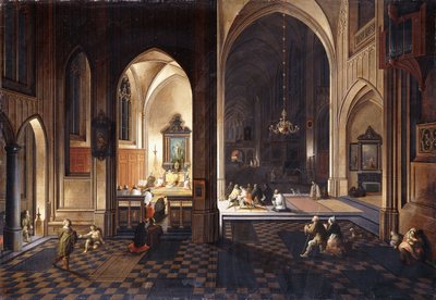 Una chiesa di notte con un prete che celebra la messa in una cappella laterale da Pieter Neeffs