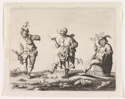 Contadino e contadina danzanti e un uomo su una botte da Pieter Nolpe