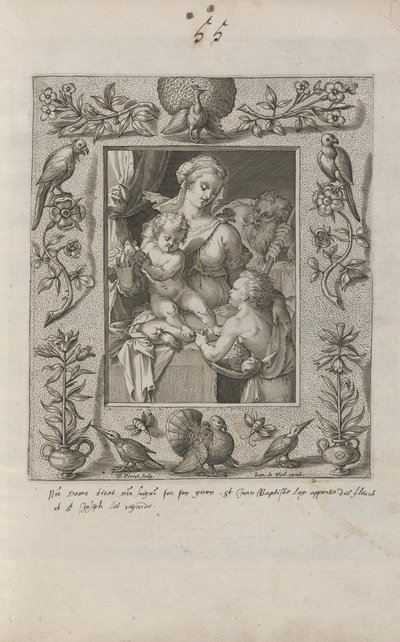 Sacra Famiglia con il giovane San Giovanni Battista, in una cornice elaborata da Pieter Perret