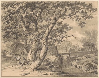 Paesaggio con piccola cascata sotto due grandi alberi da Pieter Pietersz. Barbiers