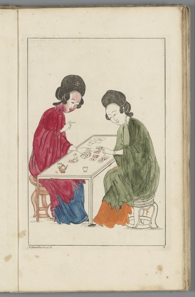 Due donne cinesi giocano a carte da Pieter Schenk (II) (possibly)
