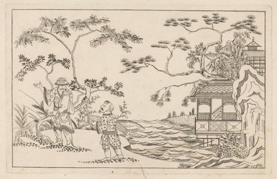 Due uomini cinesi in un paesaggio (serie: Nuovi disegni cinesi, con grande sforzo disegnati e pubblicati da P. Schenk Jun, primo volume) da Pieter Schenk (II)