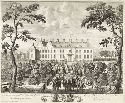 Arrivo di Guglielmo III al lodge di caccia, Hof te Dieren, 1691 da Pieter Schenk