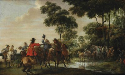 Banditi che assaltano una carrozza inclinata vicino a un ruscello da Pieter Snayers