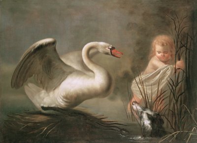 Un cigno che protegge il suo nido da un bambino e uno spaniel da Pieter Snyers