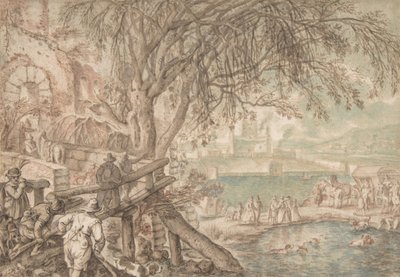 Cacciatori e compagnia osservano cani che recuperano anatre in uno stagno Il mese di aprile, c. 1610-20 da Pieter Stevens