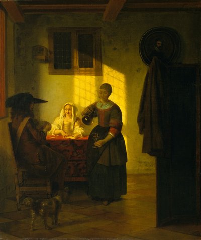 Una coppia che gioca a carte, con una serva da Pieter de Hooch