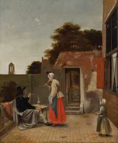 Un uomo che fuma e una donna che beve in un cortile da Pieter de Hooch