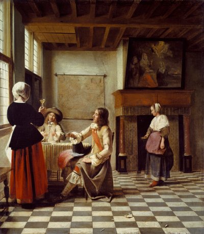 Un interno, con una donna che beve con due uomini e una cameriera da Pieter de Hooch