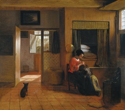Interno con una madre che pulisce i capelli del suo bambino, noto come 
