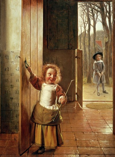 Bambini in una porta con bastoni da 