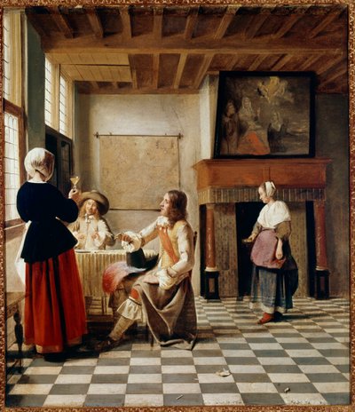 Interno olandese. Una donna beve con due uomini a tavola da Pieter de Hooch