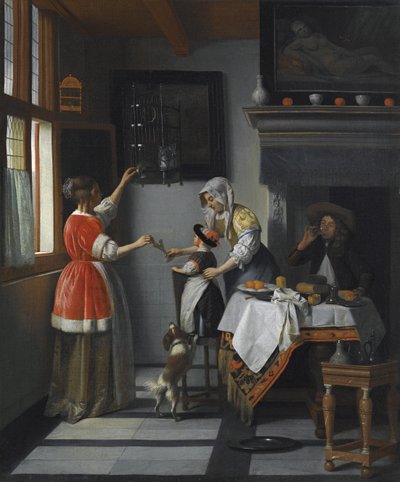 Interno con un bambino che nutre un pappagallo da Pieter de Hooch