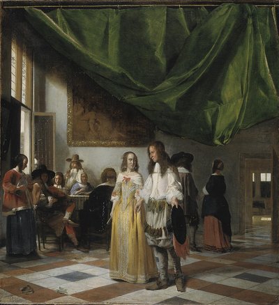 Interno con una giovane coppia e persone che fanno musica da Pieter de Hooch