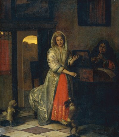 Signora e Gentiluomo che Fanno Musica con Cani Danzanti da Pieter de Hooch