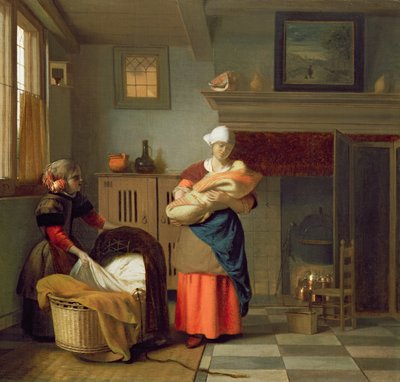 Tata con bambino in un interno e una giovane che prepara la culla da Pieter de Hooch