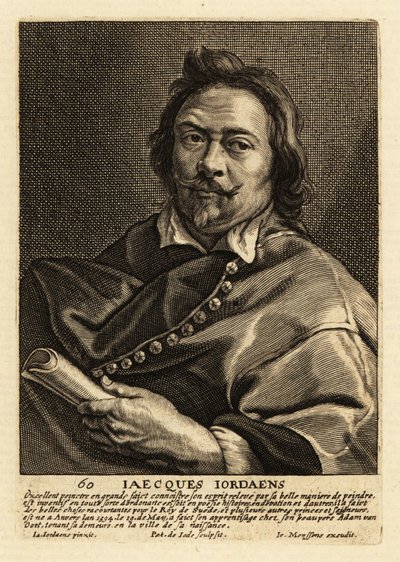 Ritratto di Jacques Jordaens, pittore, disegnatore e designer di arazzi fiammingo noto per i suoi dipinti storici, scene di genere e ritratti da Pieter de II Jode