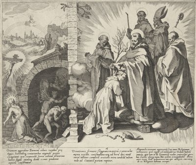 Caterina in preghiera / Visione di Caterina / Caterina diventa domenicana (serie: Scene della vita e dei miracoli di Santa Caterina da Siena) da Pieter de Jode (I)