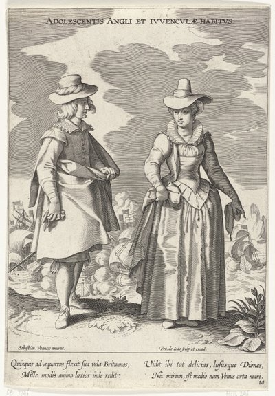 Coppia vestita secondo la moda inglese, ca. 1610 (Adolescentis Angli et Ivvenclvae Habitvs) (Costumi di diversi paesi) (Variarum Gentium Ornatus) da Pieter de Jode (I)
