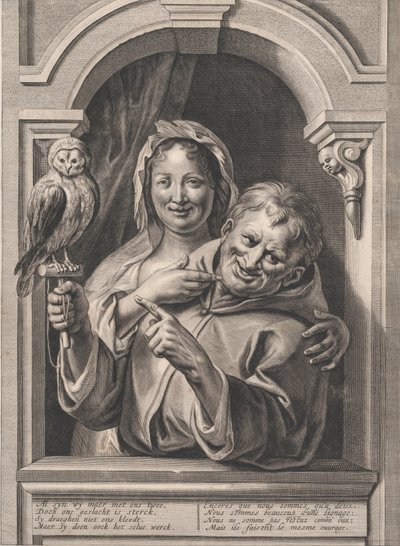 Un pazzo con un gufo e una donna alla finestra da Pieter de Jode II