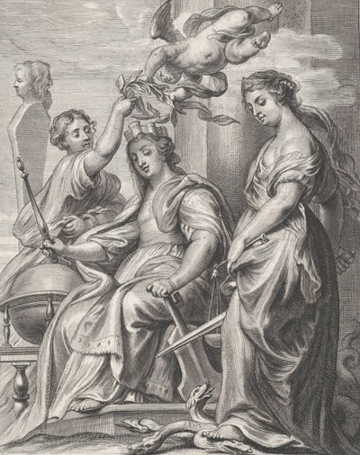 Allegoria del Buon Governo, seduto al centro e incoronato da un putto e una donna da Pieter de Jode II