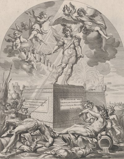 Ferdinando come Marte, in piedi su un piedistallo, dal libro di Guillielmus Becanus 