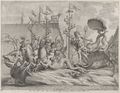 Filippo di Spagna come Nettuno, su un carro trainato da due cavalli marini da Pieter de Jode II